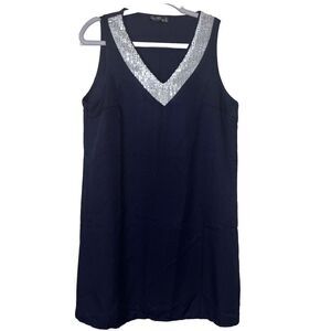 Emily Rose Tank Mini Dress Wmns Sz M Navy‎ Blue V Neck Sequin Trim Dinner Date